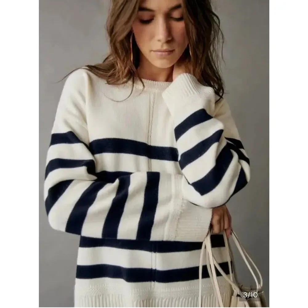 Sezane Bastien wool Sweater Ecru Marine Striped Knit Pullover M - Picture 4 of 10
